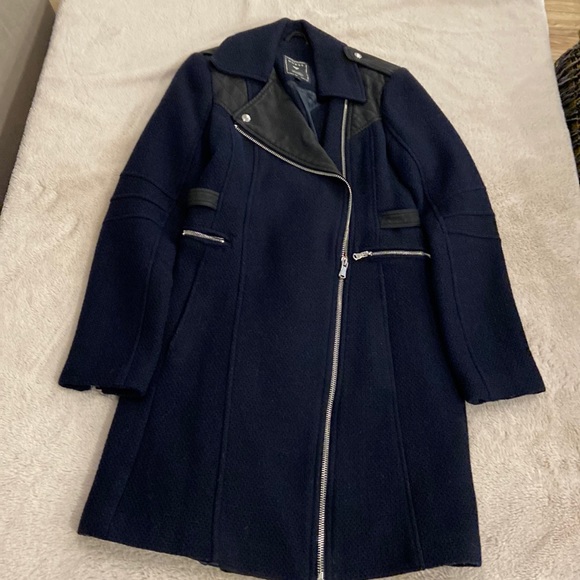 GUESS Navy & Black Wool Trench Coat with faux Leather & Zipper Detail - Picture 10 of 10
